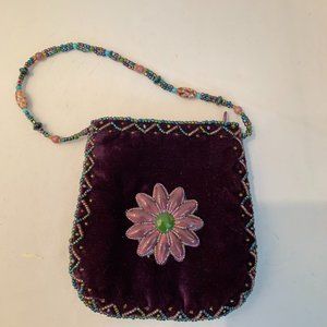 small beaded velvet purse wine colored with purple and green excellent condition